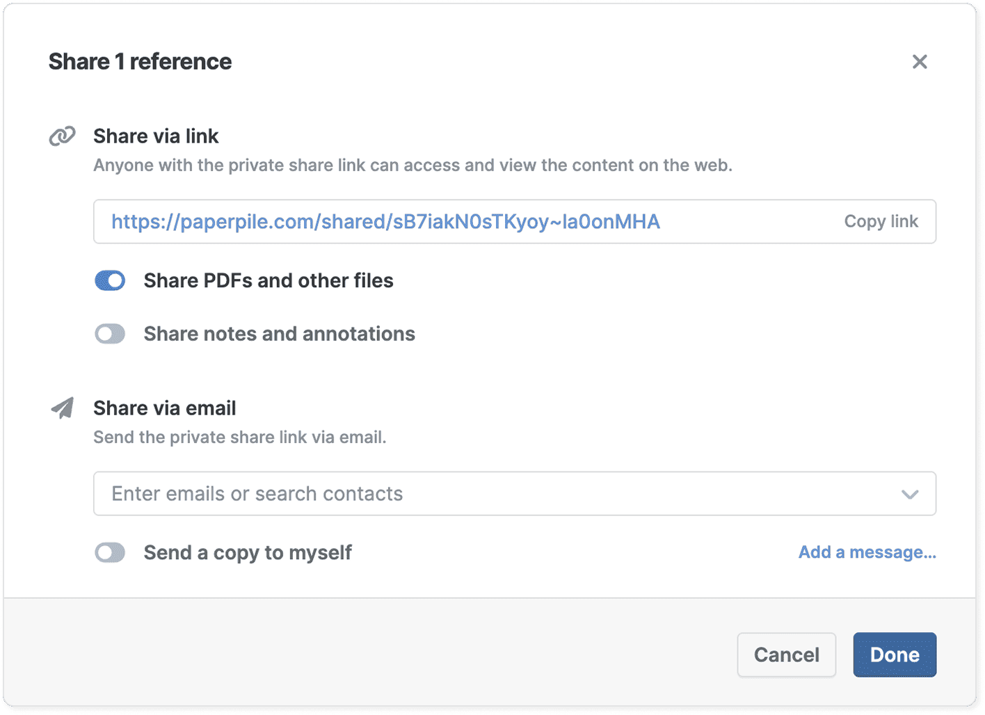 The “Share 1 reference” dialog with a private share link and “Copy link” action, toggles for sharing PDFs and notes, an email field for sending the link, and Cancel and Done buttons.